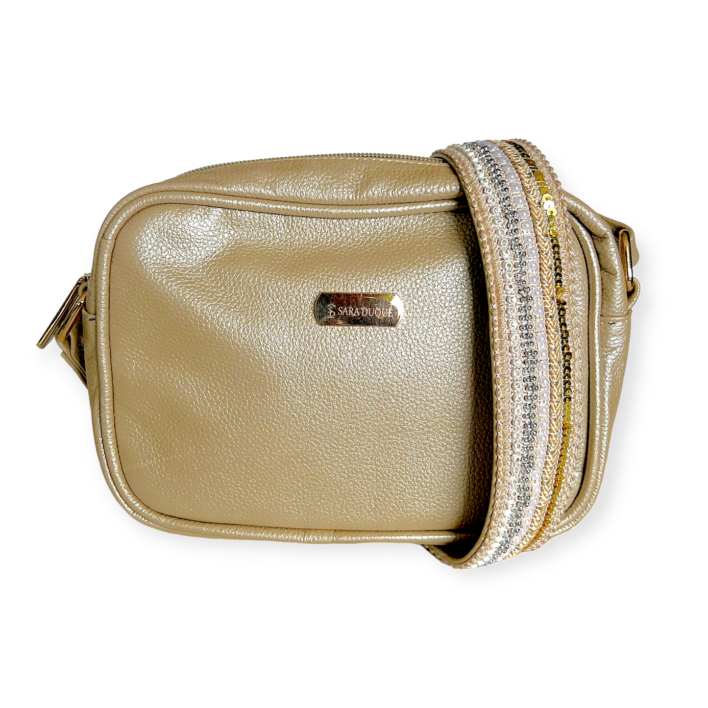 Manos libres dorado cuero asa